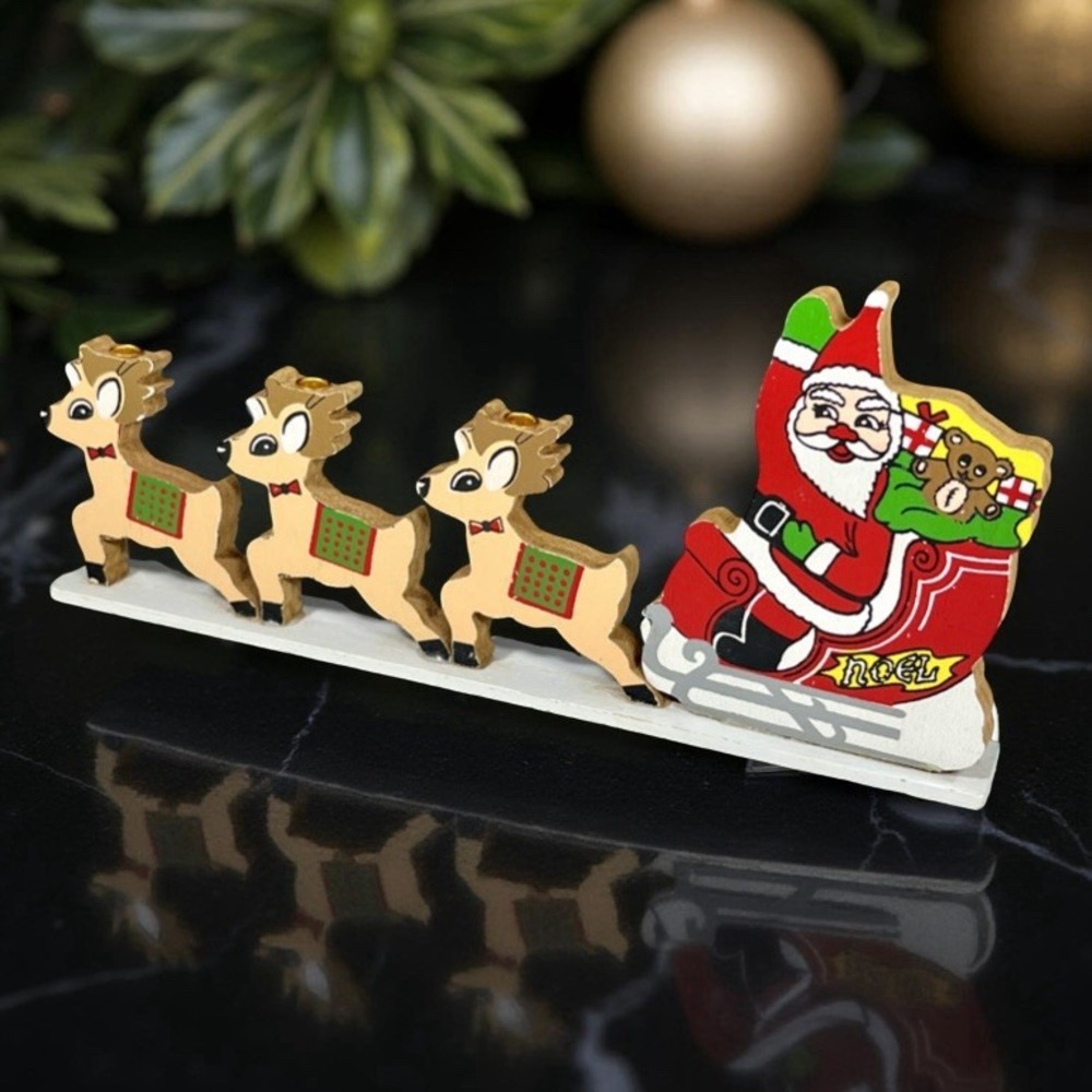 Vintage 70s‎ Emson Wooden Santa Sleigh Reindeer Candle Holder Christmas Retro 9"
